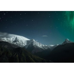 Fototapete - Northern Lights - Snowy Mountain Landscape in Winter Night with Cosmos in the Background