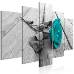 Leinwandbild - Rose on Wood (5 Parts) Wide Turquoise