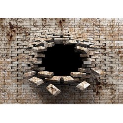 Fototapete - 3D Wall Entry - Background with Dirty White Brick with a Prominent Hole