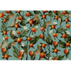 Fototapete - Orange grove - plant motif with fruit and leaves on a blue background