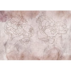 Fototapete - Floristic abstraction - lineart style silhouettes of people with flowers