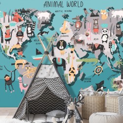Fototapete - Geography lesson for children - colourful world map with animals