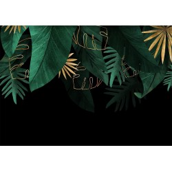 Fototapete - Jungle and composition - motif of green and golden leaves on a black background