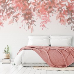 Fototapete - Under vegetation - hanging vines of pink leaves on a neutral background