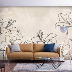 Fototapete - Sketch of nature - minimalist lineart with lily flowers on a beige background