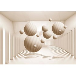 Fototapete - 3D Abstraction - Beige spheres with shadow in a bright space with columns