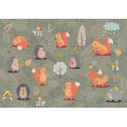 Fototapete - Friends from the forest - colourful forest with mushrooms and animals for children