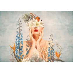Fototapete - Nature in thought - female figure among flowers on a patterned background