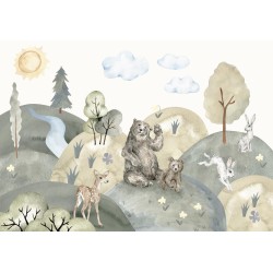 Fototapete - Green Hills - a Valley With Animals Painted in Watercolours