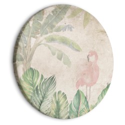 Rundes Bild - Birds wading among exotic flora - Flamingos amidst lush tropical vegetation in soft pastel shades of green