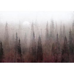 Fototapete - Birds flight over treetops - landscape of a dark forest in fog