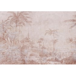 Fototapete - Landscape with temple - engraving of Indian architecture with palm trees