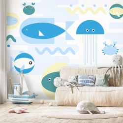 Fototapete - Animals in the sea - geometric blue fish in water for kids