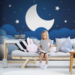 Fototapete - Moon dream - clouds on a dark blue sky with stars for children