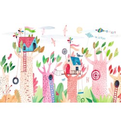 Fototapete - Painted tree houses - a colourful fantasy with kites for children
