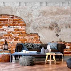 Fototapete - Eclectic masonry - slabs of textured concrete on a background of red bricks