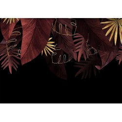 Fototapete - Jungle and composition - red and gold leaf motif on black background