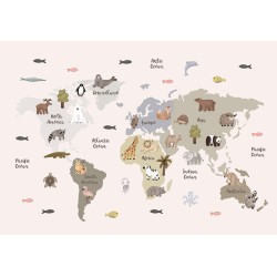 Fototapete - Pastel Map - Animals and Continents for Childrens Room