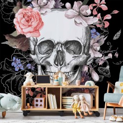Fototapete - Skull and Flowers
