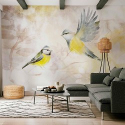 Fototapete - Painted tits - bird motif with patterns in yellow and beige tones