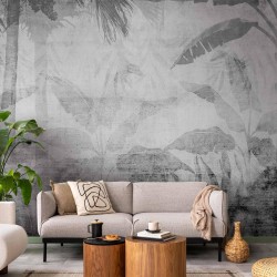 Fototapete - Vanishing jungle - landscape of exotic trees and leaves in grey tones