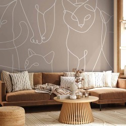 Fototapete - Cat lineart - minimalist sketches of white cats on beige background