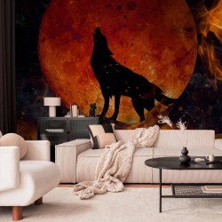 Fototapete - Wild nature - wolf on a background of a red moon in flames of fire