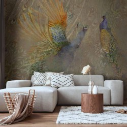 Fototapete - Peacocks in dance - bird motif among an abstract pattern with ornaments