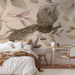 Fototapete - Bird among the leaves - floral motif with a flying peacock in cool tones