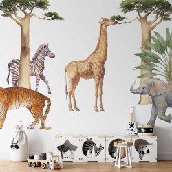 Fototapete - Jungle Animals on White Background Made With Watercolour Technique