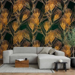 Fototapete - Golden peacock feathers - solid background with bird pattern on green background