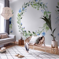 Fototapete - Romantic wreath - plant motif with blue flowers and leaves