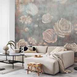 Fototapete - Misty nature - muted rose flowers on a background in grey tones