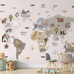 Fototapete - Pastel Map - Animals and Continents for Childrens Room