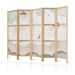Japanischer Paravent - Cloudy Night Sky - Moons in browns and beiges among numerous clouds and stars on a light backgrou