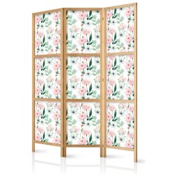 Japanischer Paravent - Peonies - Pink and White Flowers and Green Leaves on a White Background
