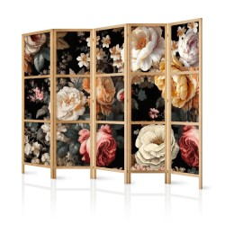Japanischer Paravent - Floristry in Vintage Style - Huge Colorful Flowers on a Black Background