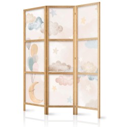 Japanischer Paravent - Fairy-Tale Moon - Moon with Balloons Among Clouds and Stars in Subdued Colors on a Light Beige Ba