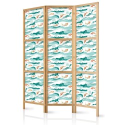 Japanischer Paravent - Fish Jumping Over Waves - Oriental Fish and Water Lilies Among High Waves in Shades of Sea Green