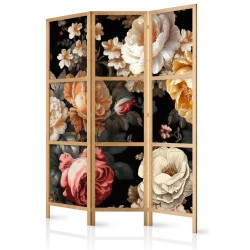 Japanischer Paravent - Floristry in Vintage Style - Huge Colorful Flowers on a Black Background