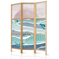 Japanischer Paravent - Picturesque Landscape with Fish - Sunset and Koi Fish in Shades of Turquoise and Blue Floating Ab