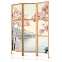 Japanischer Paravent - Landscape with the Ocean - Cliffs - and Trees in Delicate Pink Shades