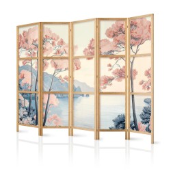 Japanischer Paravent - Landscape with the Ocean - Cliffs - and Trees in Delicate Pink Shades
