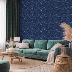 Tapete - Cosmic Fantasy - Pattern with Suns - Moons - and Dragonflies on a Dark Background