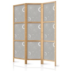 Japanischer Paravent - Cosmic Fireworks - Elegant Pattern with Moons and Stars on a Gray Background