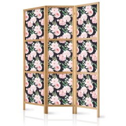 Japanischer Paravent - Peonies - Pink Flowers and Green Leaves on a Graphite Background
