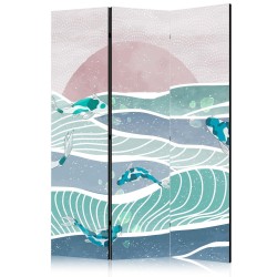 Paravent - Picturesque Landscape With Fish - Sunset And Koi Fish in Shades of Turquoise And Blue Floating Above The Wate