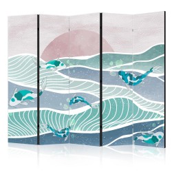Paravent - Picturesque Landscape With Fish - Sunset And Koi Fish in Shades of Turquoise And Blue Floating Above The Wate
