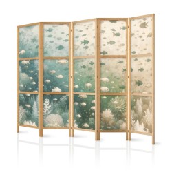 Japanischer Paravent - Fish and Diverse Vegetation - Grouping of Fish in Pastel Subdued Colors Among Oceanic Vegetation