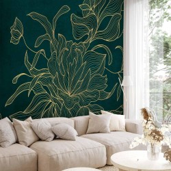 Fototapete - Green boudoir - linear drawing of a flower in golden colours on a dark background